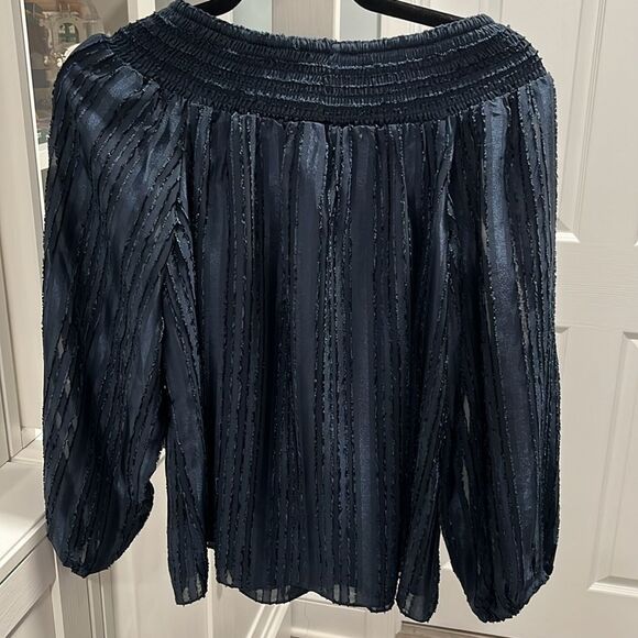 PARKER (NWT) Smocked Off-The-Shoulder Smocked Neck Navy Blouse, Striped, Size S - Picture 9 of 11